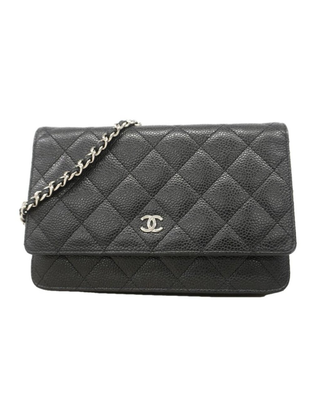 Chanel Wallet on Chain Quilted Caviar Leather Black Silver Shoulder Bag
